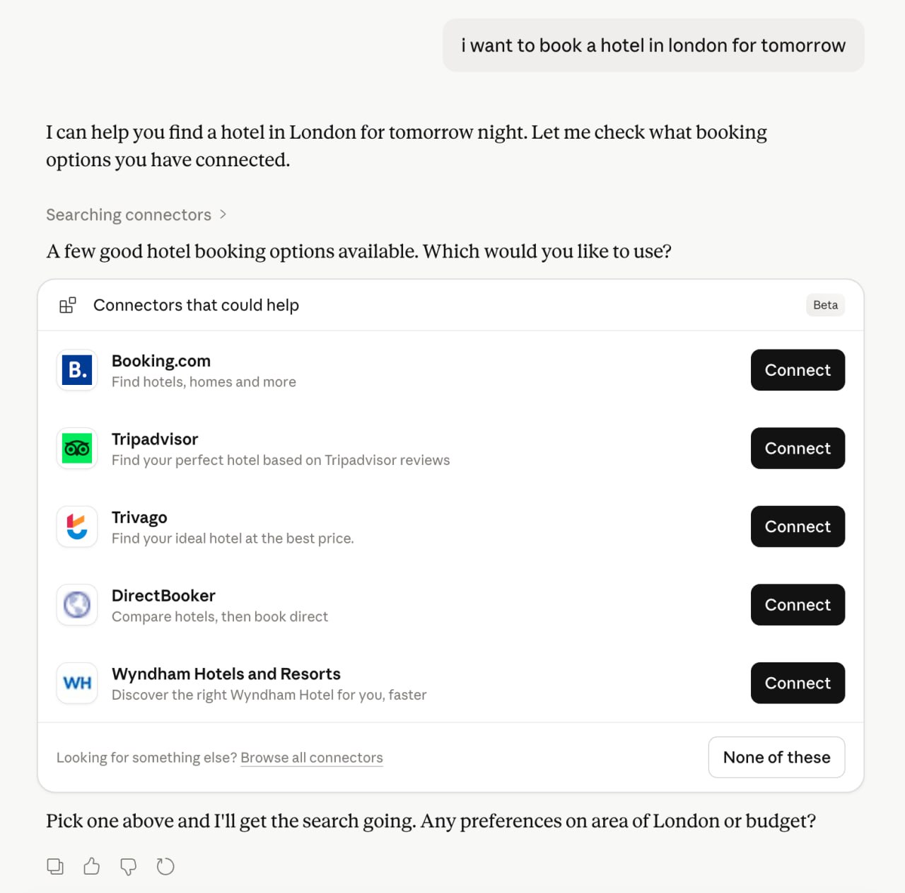Claude showing a list of hotel booking connectors with Connect buttons
