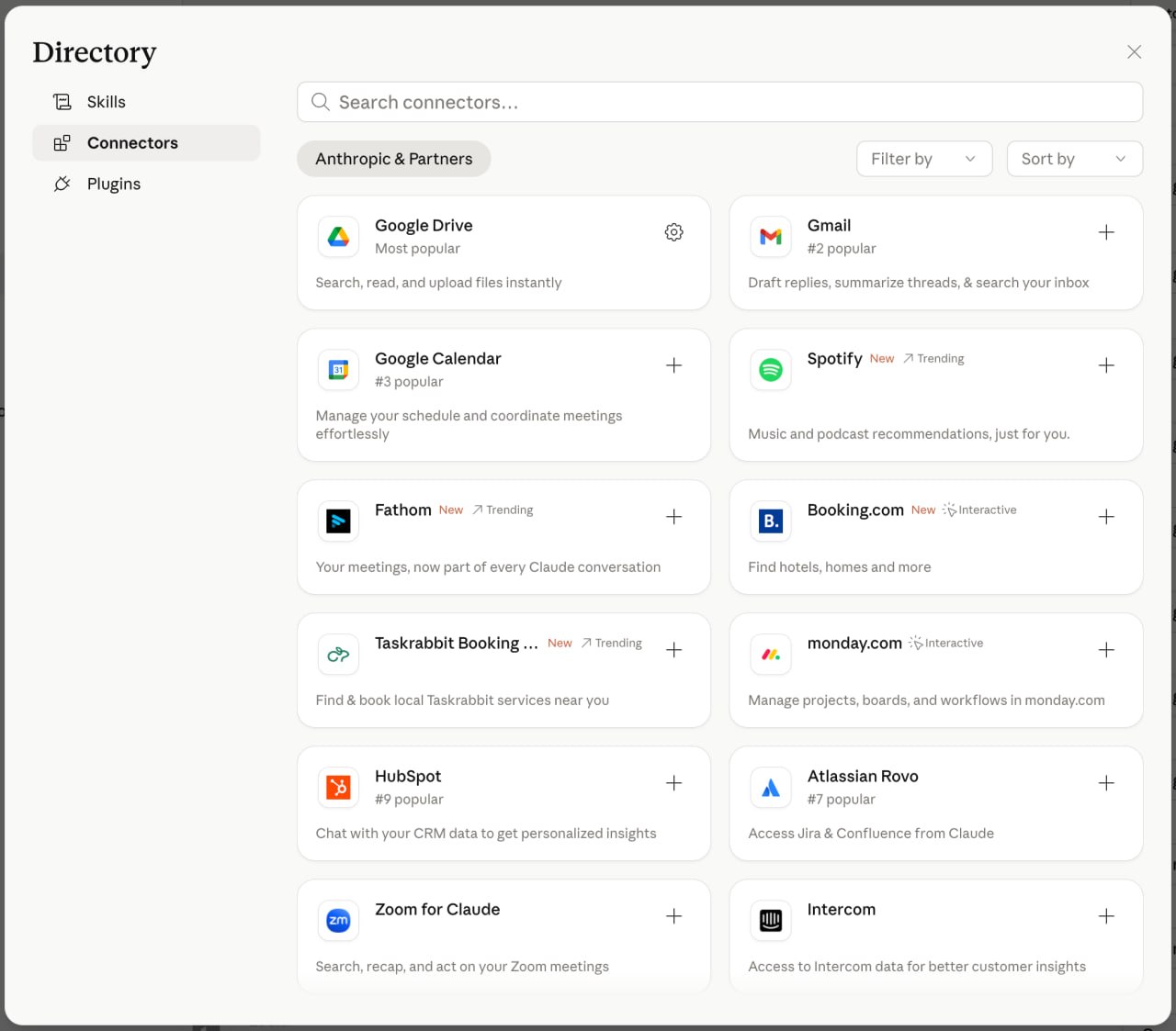 Claude connector directory showing available connectors
