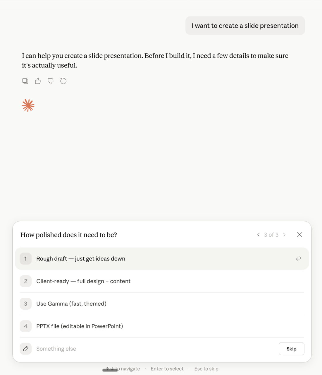 Claude clarifying the presentation brief and showing answer choices where an app can appear