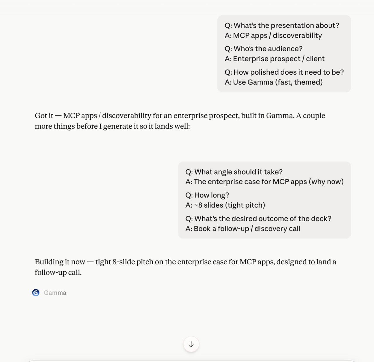 The user selecting the Gamma app option from Claude's list of answers