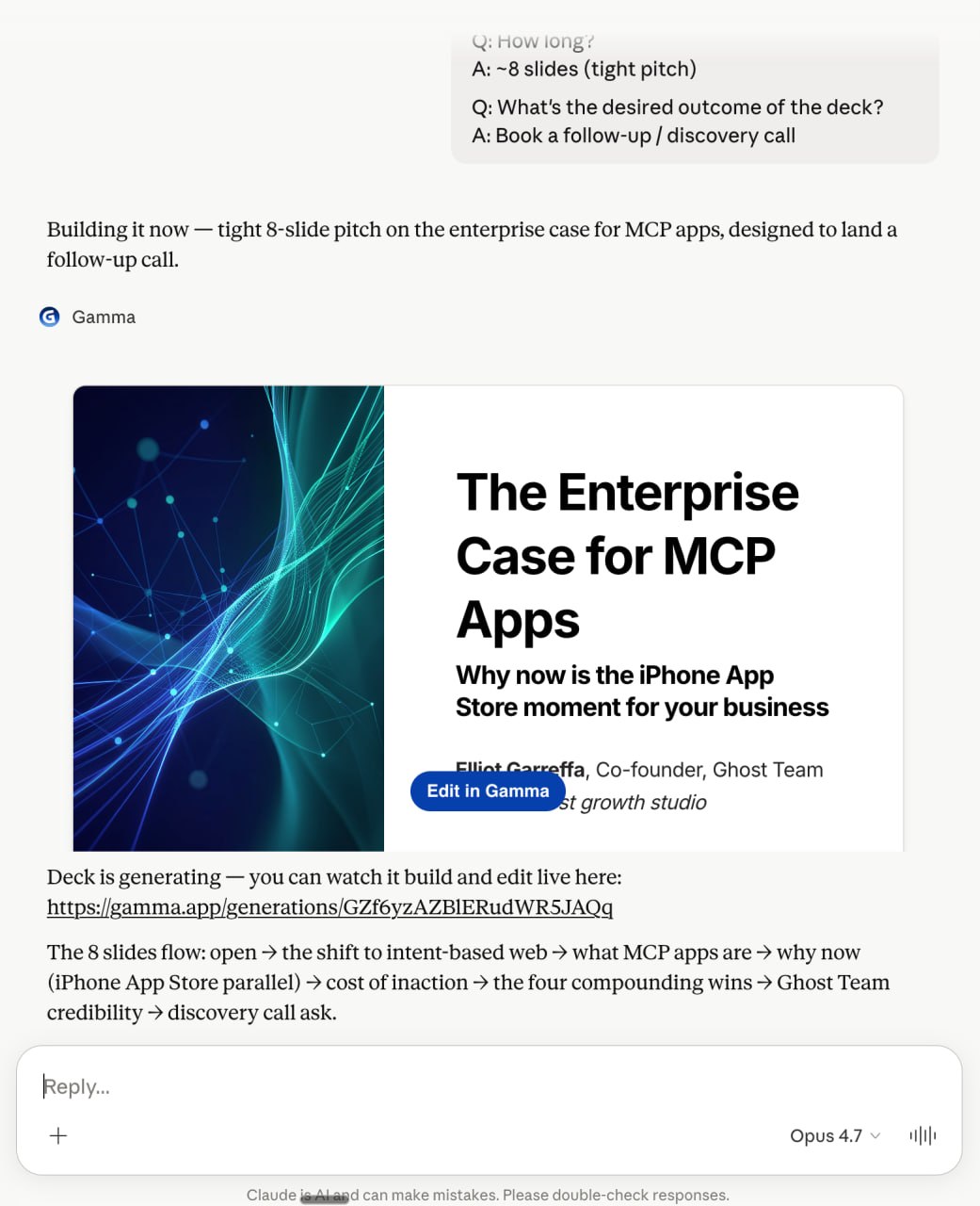 Claude using Gamma to complete the presentation workflow